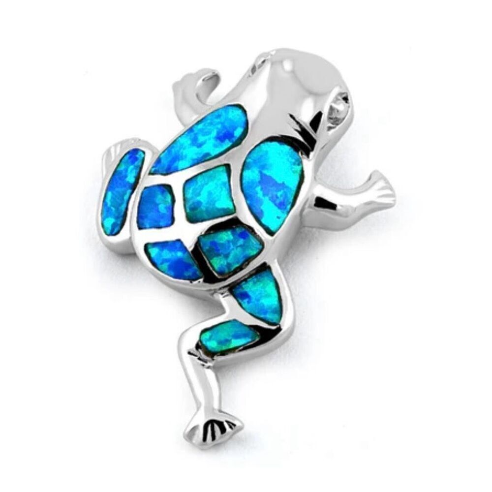 Sterling Silver Frog Blue Lab Opal Necklace Pendant New